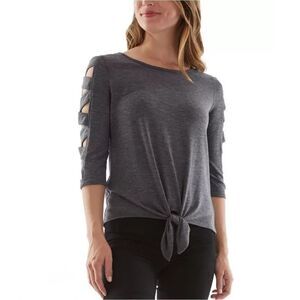 By & By charcoal gray lattice sleeve tie front top sz L